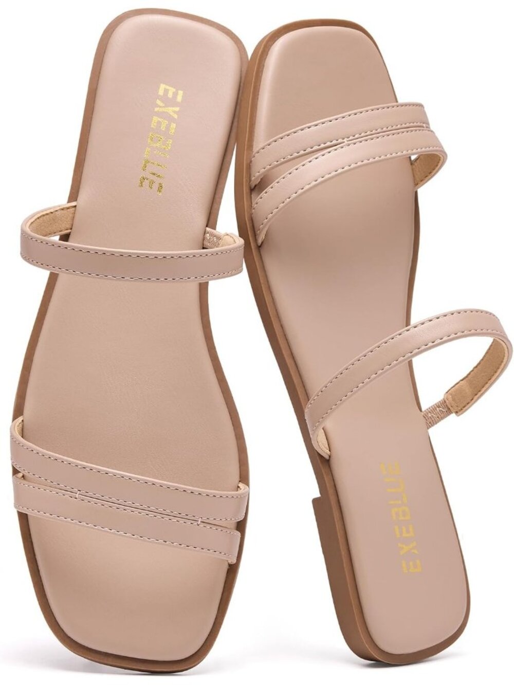 Women's Nude Square Toe Slide Two Strap Flat Slip On Casual Open Toe Slippers